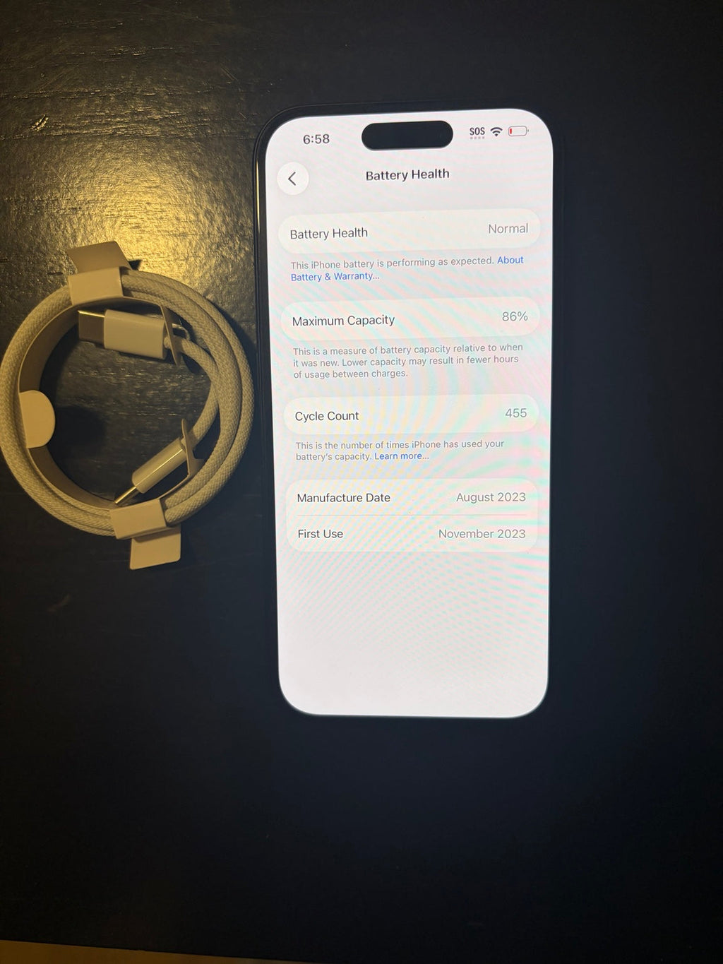 iPhone 15 128GB Black battery health screen