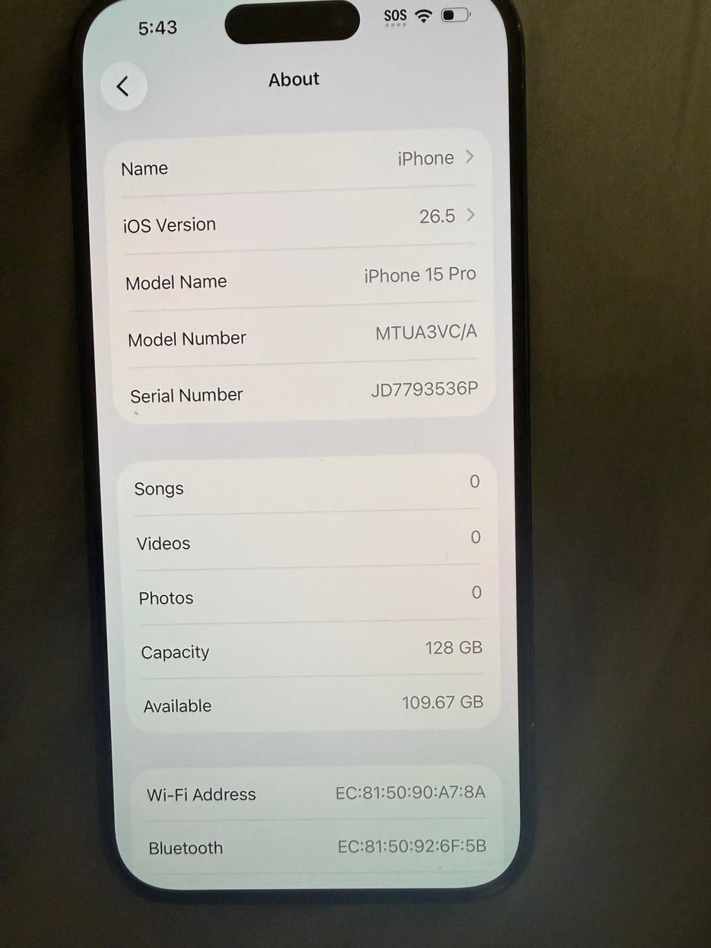 iPhone 15 Pro About screen 128GB